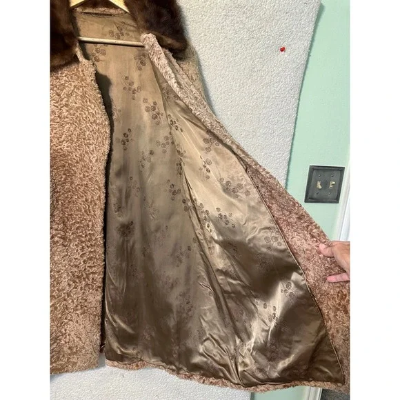 Vintage Karl Frankfurt Curly Lamb Fur Coat Mink Collar Women's Warm Outerwear - Picture 9 of 11